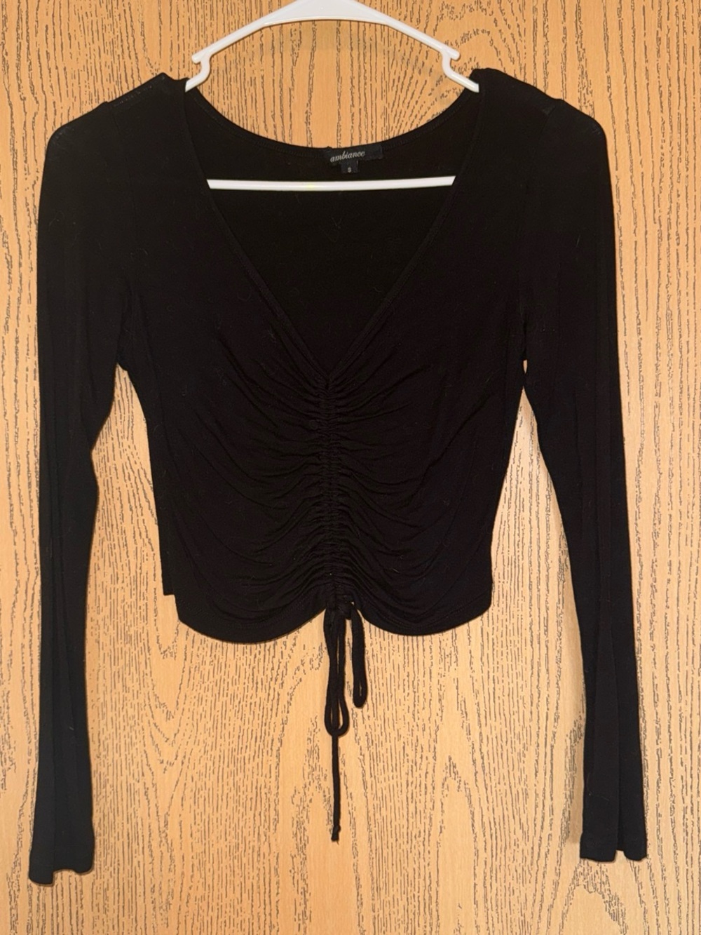 Ambiance Black Ruched Drawstring V-Neck Long Sleeve Crop Top